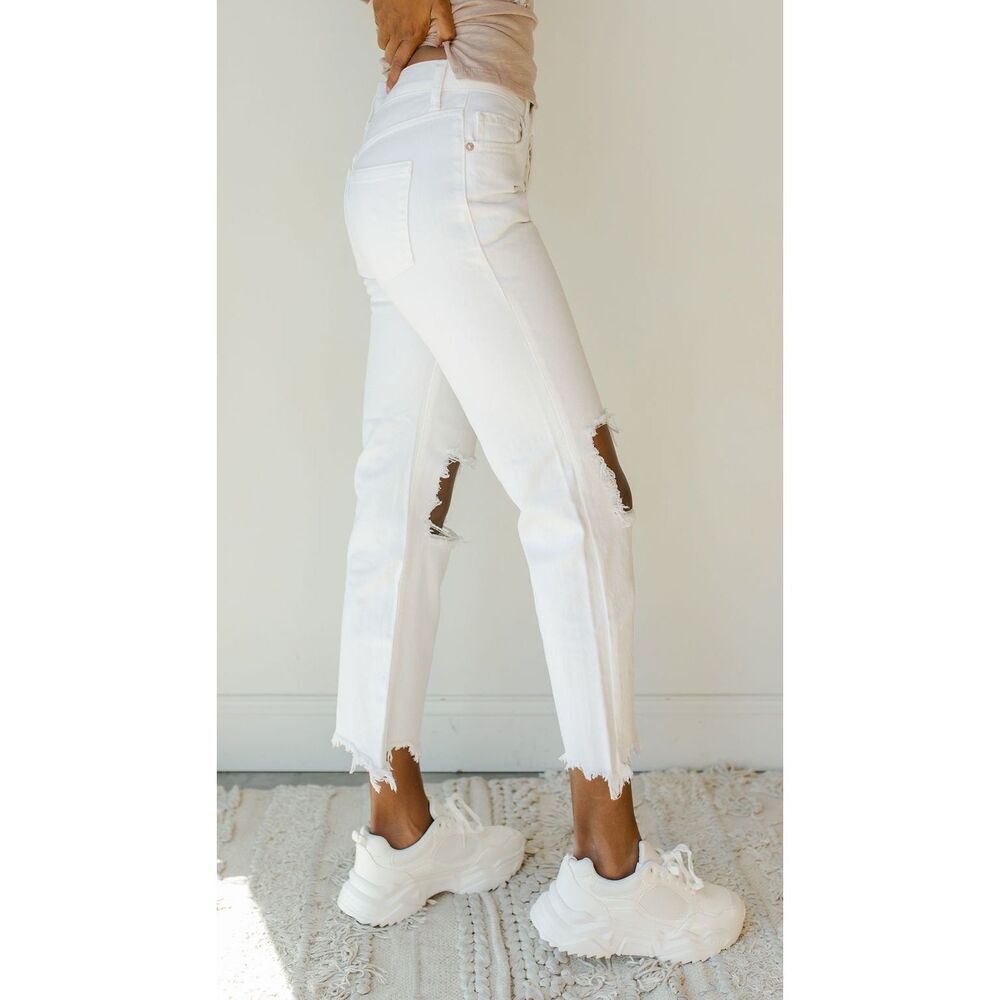 Free People White Maggie Mid Rise Straight Leg Jeans - Picture 13 of 14
